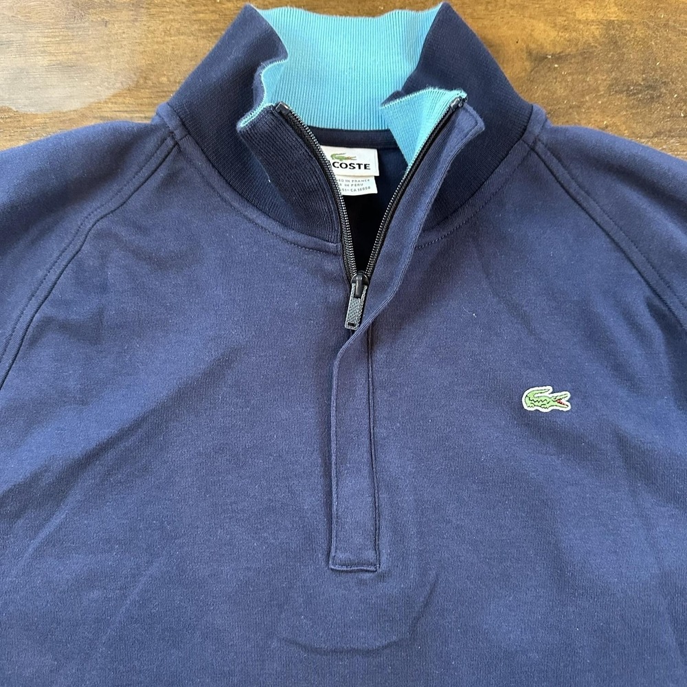 Lacoste Sweater Mens Large Navy Quarter Zip Cotton Pullover Mock Neck Croc Logo - Picture 2 of 9